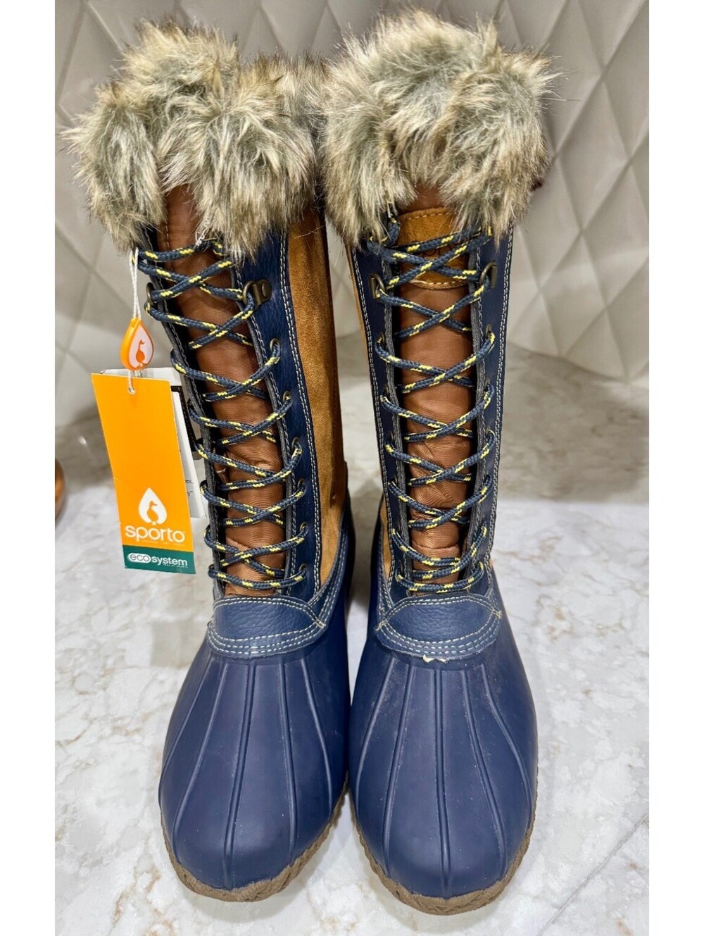 Sporto Women's 11W Navy Blue Brown Duck Boots Winter Faux Fur Lace Up Zipper NEW